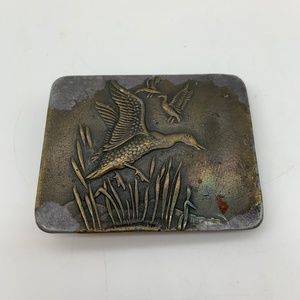 Vintage 1960s Engraved Ducks Flying 3" Square Belt Buckle
